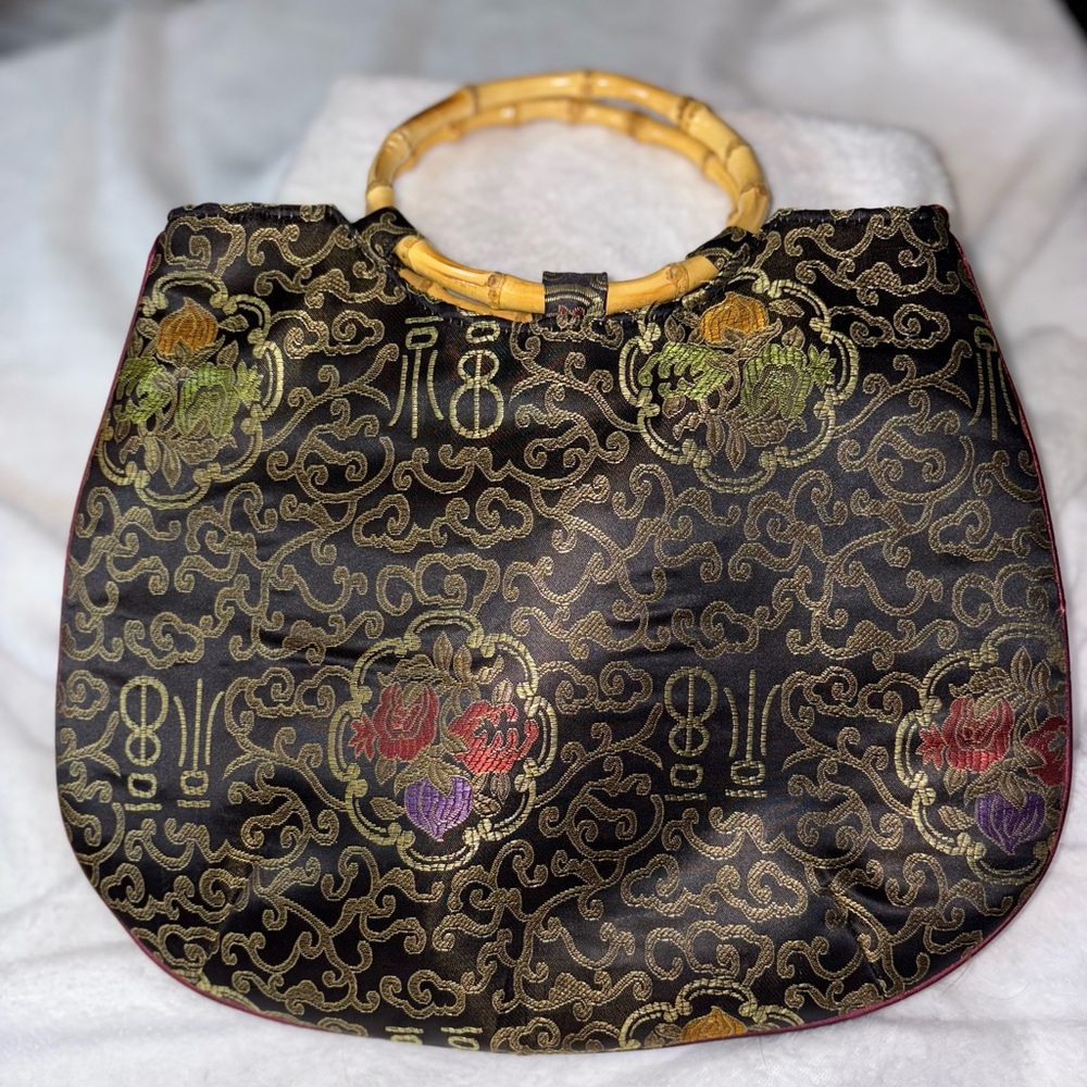 Elegant Black and Gold Satin Lotus Women's Bag with Bamboo Handle